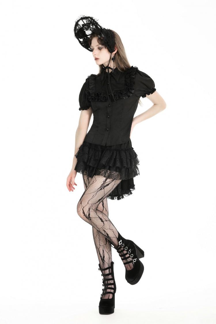 Ruffled Gothic Blouse with Puff Sleeves and Collar - Gothic Edge