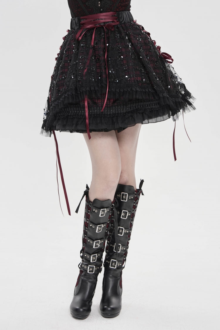 Crimson & Noir Multi-Layer Lace-Up Gothic Skirt