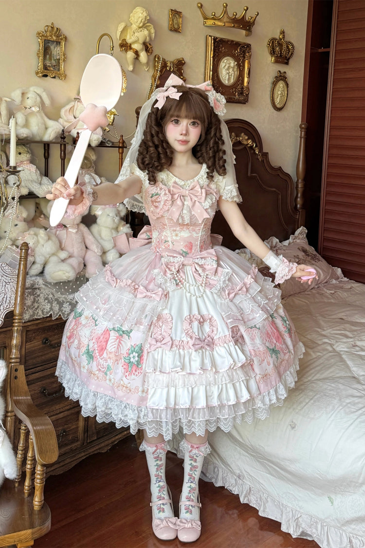 Berry Sweet Wish Square Collar JSK Set, Pearl Decorated Bow Lace Ruffled Print