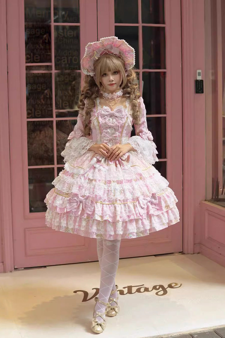 Candlelight Elegance Long Trumpet Sleeve Multi-Layer Ruffle Bow Lace Elegant Lolita Dress