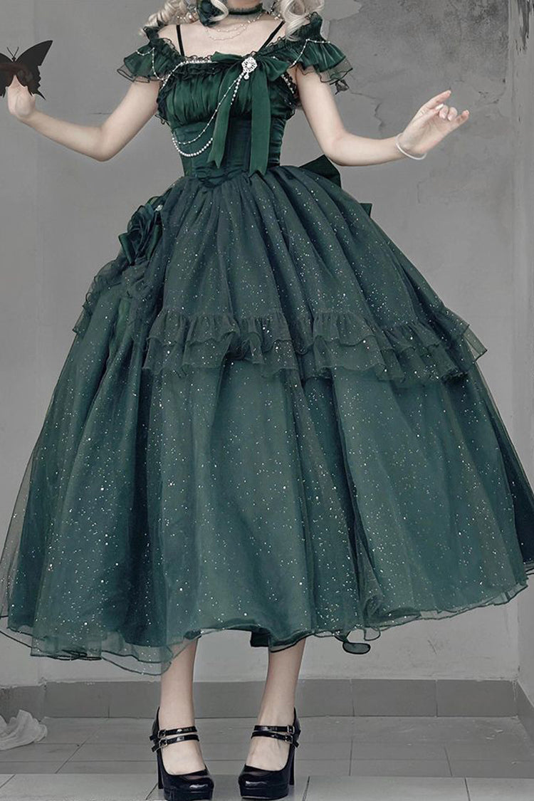 Emerald Bright Stars Off Shoulder Ruffle Bow Asymmetric Elegant Princess Lolita Gown