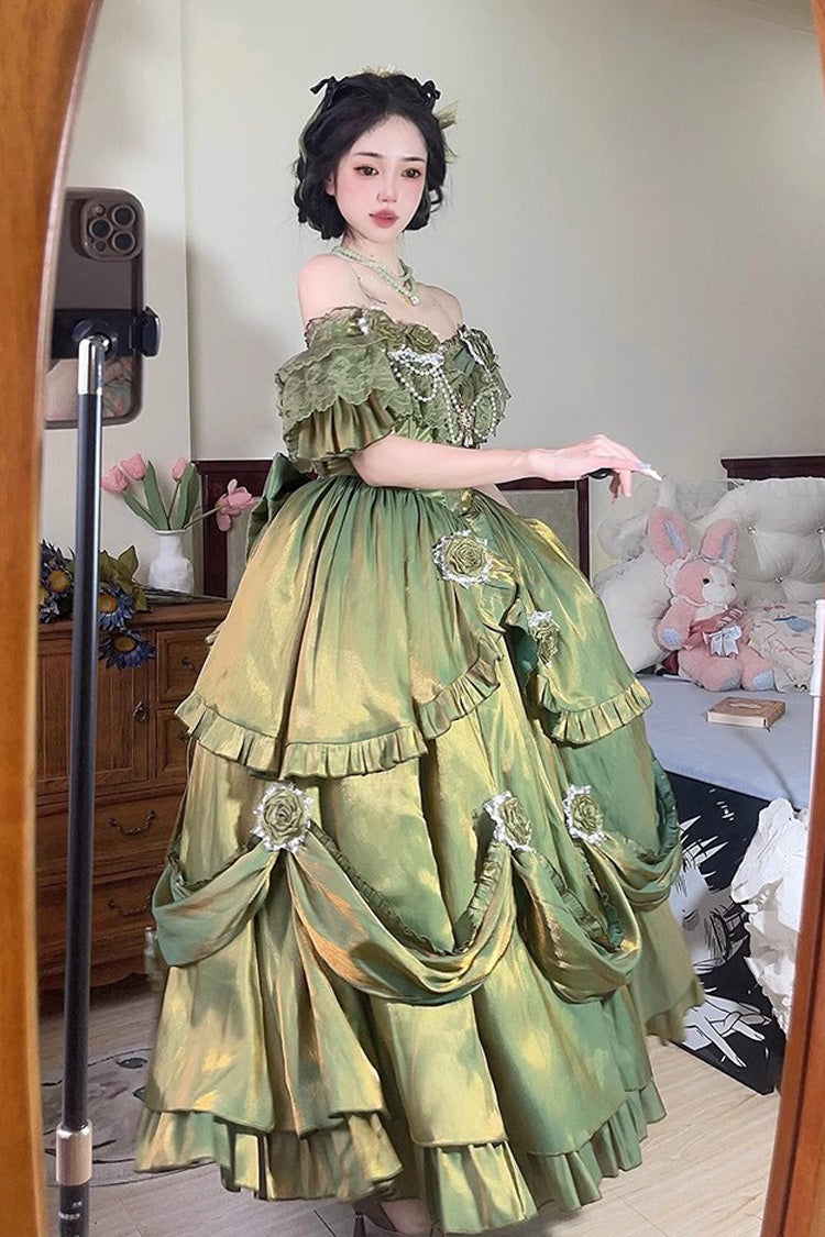 Emerald Tana Manor Rose Flower Long Sleeve Ruffle Bow Elegant Sweet Princess Lolita Strapless Gown