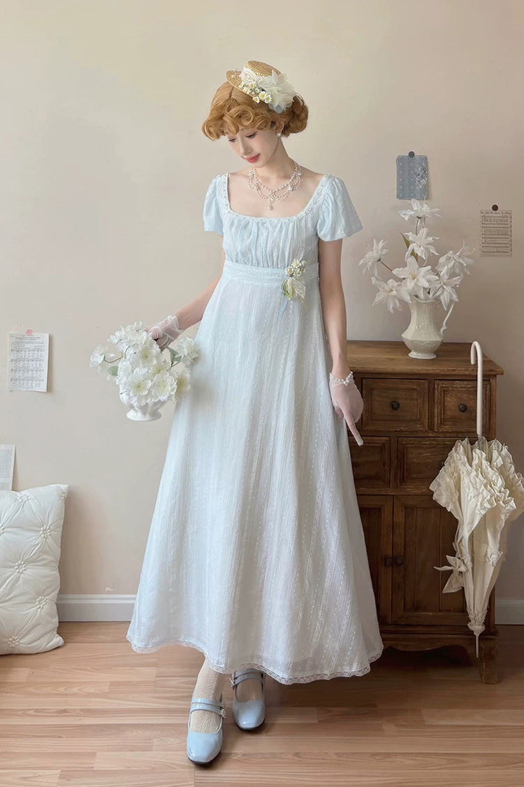Azure Square Neck Short Sleeve Jacquard Frilled Lace Elegant Lolita Gown