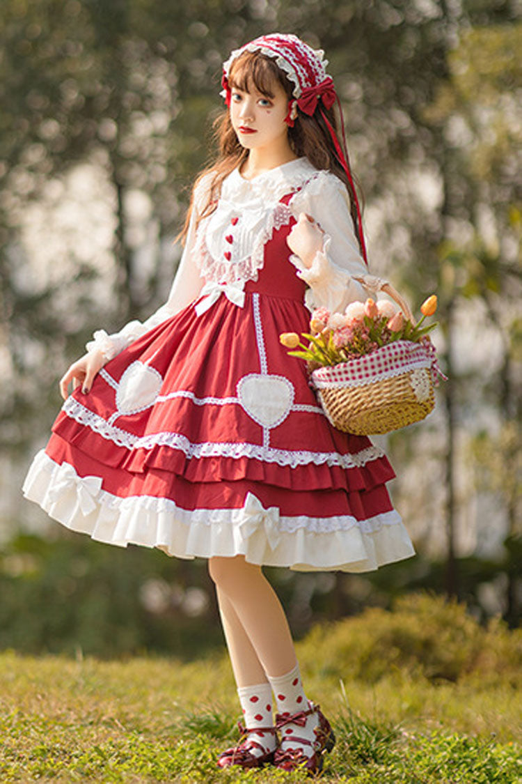 Burgundy Bow-Trimmed High-Waist Lace Sweet Lolita Jumper