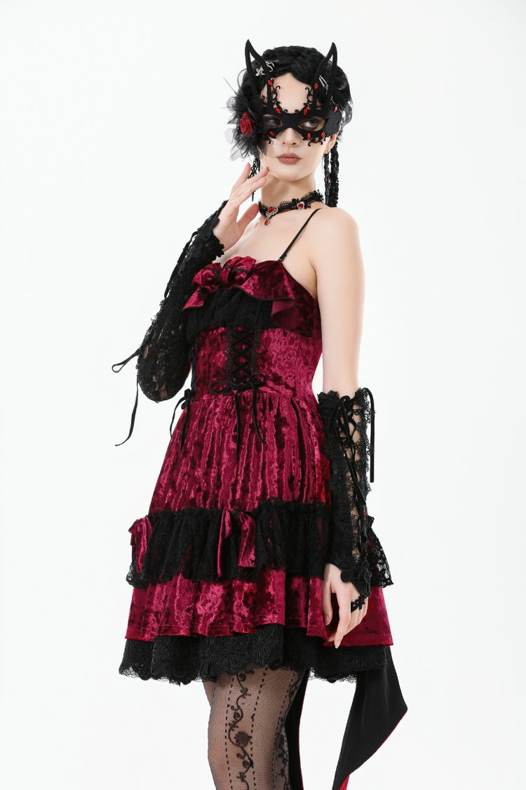 Maroon Corset Velvet Pointed-Tail Gothic Cami Mini Dress
