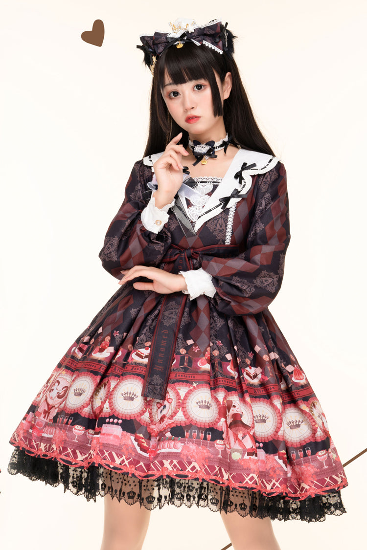 Long Sleeve Print Ruffle Bow Sweet Lolita JSK - Afternoon Fantasia