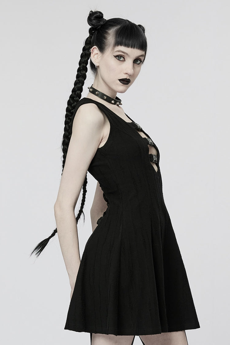 Steampunk Sleeveless Buckle Dress with V-Neckline