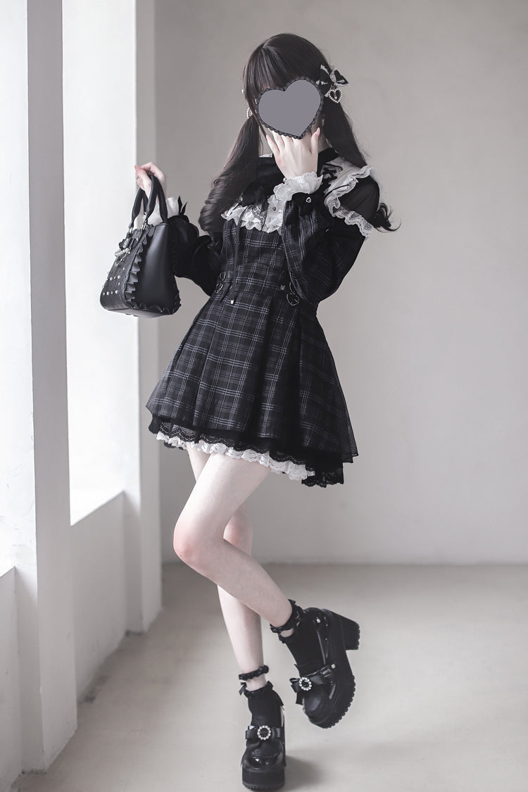 Plaid Print Ruffle Bow Sweet Jirai Kei Dress - Angel Heartbeat