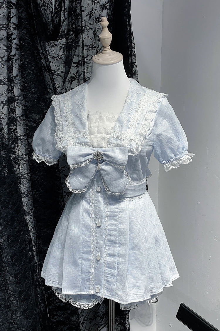 Sweet Jirai Kei Dress Set with Aqua Short Sleeves, Ruffle Bowknot, Lace