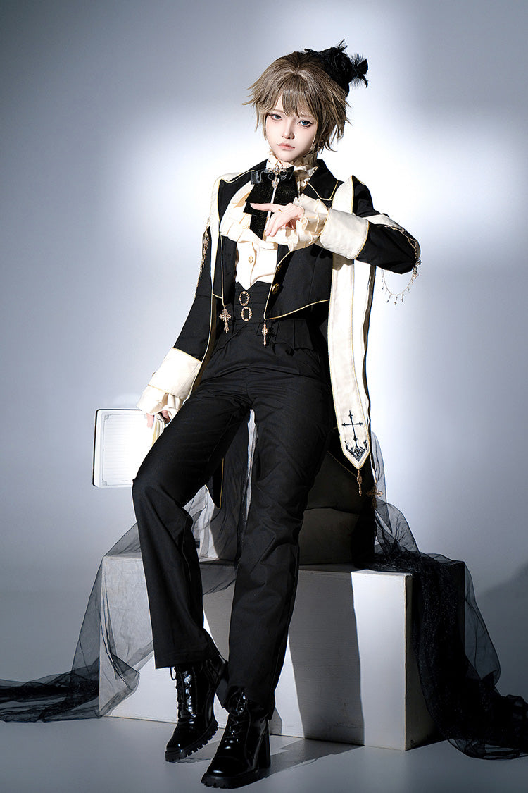 Ouji Lolita Swallowtail Coat with Print, Long-Sleeve Princely Gothic Jacket