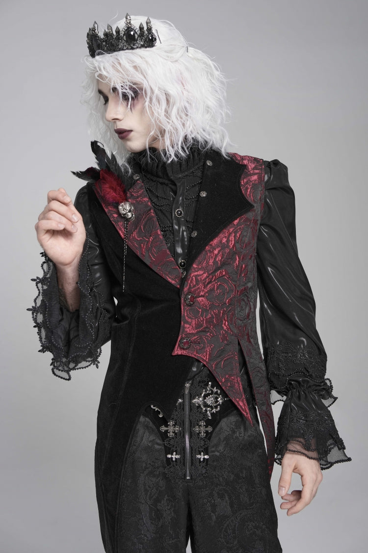 Men's Gothic Vest with Rose Print and Contrast Color, Detachable Feather Accessory