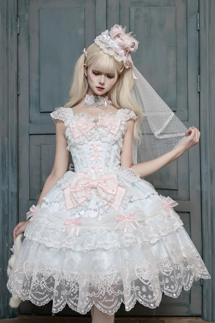 Square Collar Flutter Sleeves Jacquard Ruffled Bow Princess JSK - Bunny Dream Letter