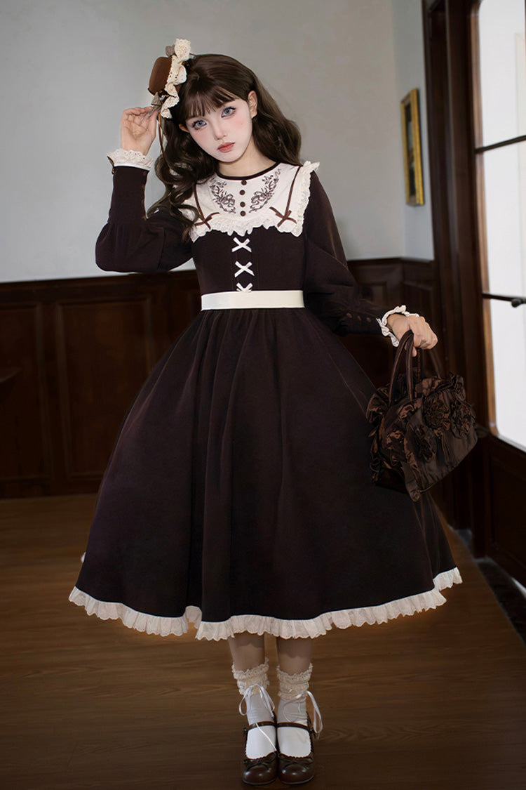 Chocolate Long Sleeve Embroidered Bouquet Ruffle Lolita Dress - Miss Brown