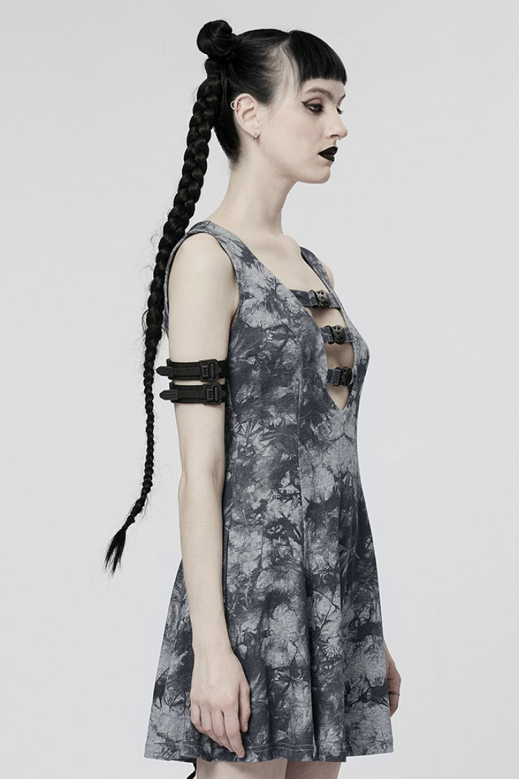 Steampunk Sleeveless Buckle Dress with V-Neckline