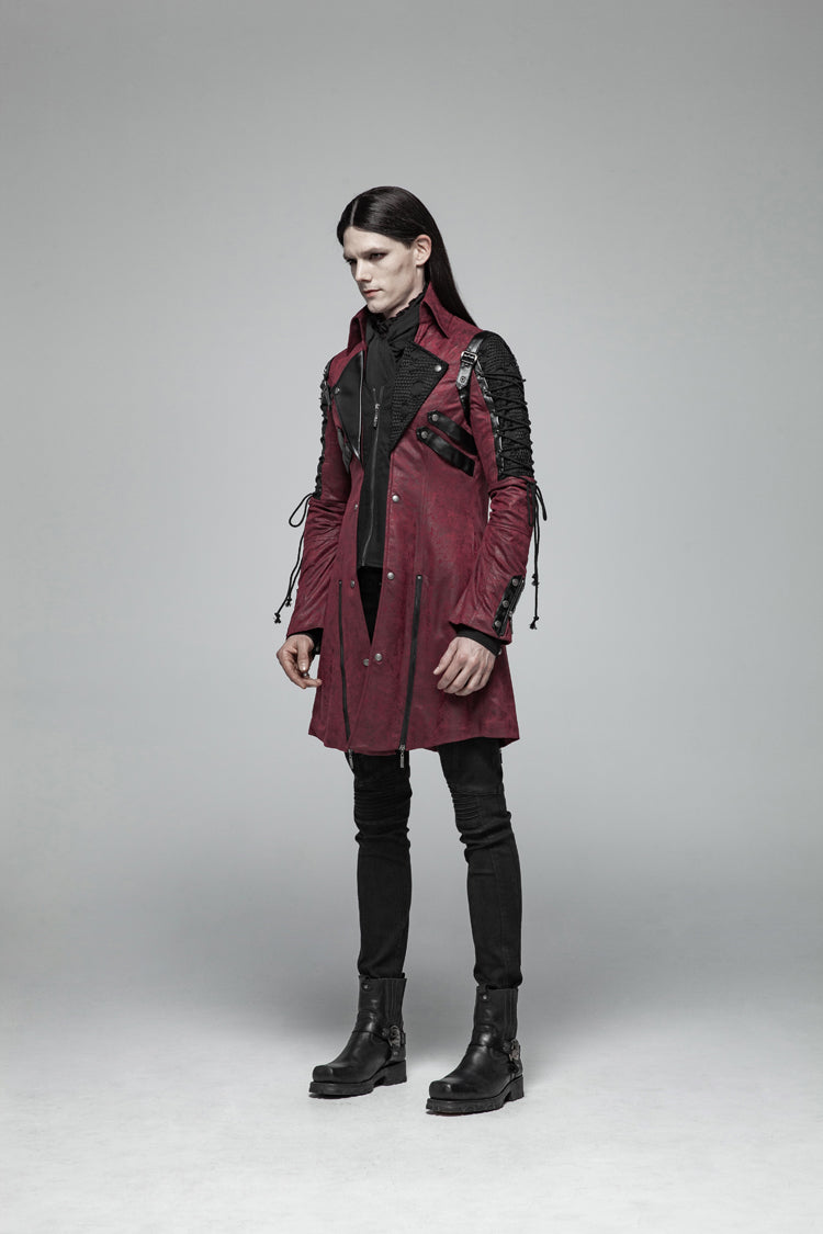 Crimson Steampunk Windbreaker with Metal Buckles and Zipper
