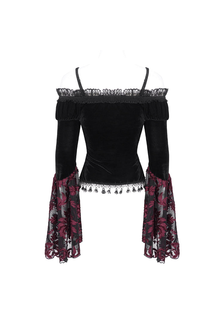 Crimson & Noir Off-Shoulder Flared Sleeve Embroidered Lace Gothic Top