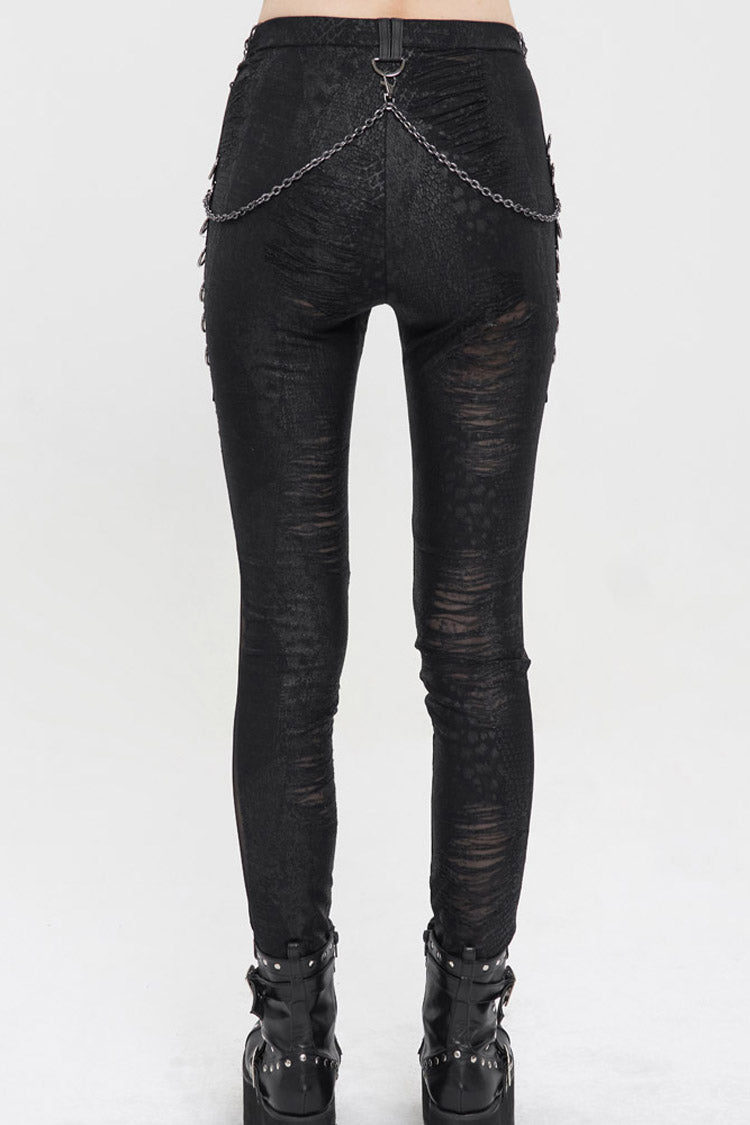 Gothic Black Knit Pants with Detachable Chain & Semi-Sheer Irregular Cut