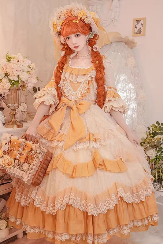 Floral Garden Cottagecore Square Collar Short Sleeves Multi-Layered Ruffled Hanayome Bow Lace Sweet Plus Size Gorgeous Lolita Jsk Dress