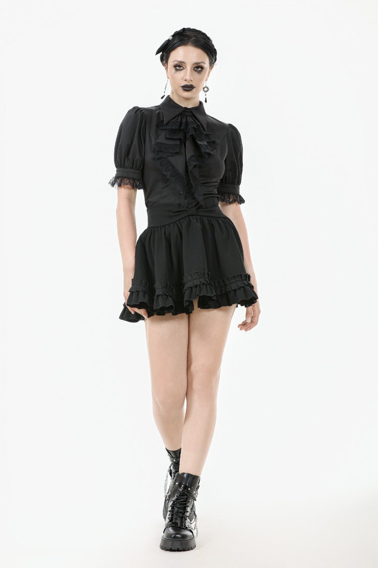 Lapel Collar Puff Sleeve Blouse with Removable Cravat - Gothic Edge