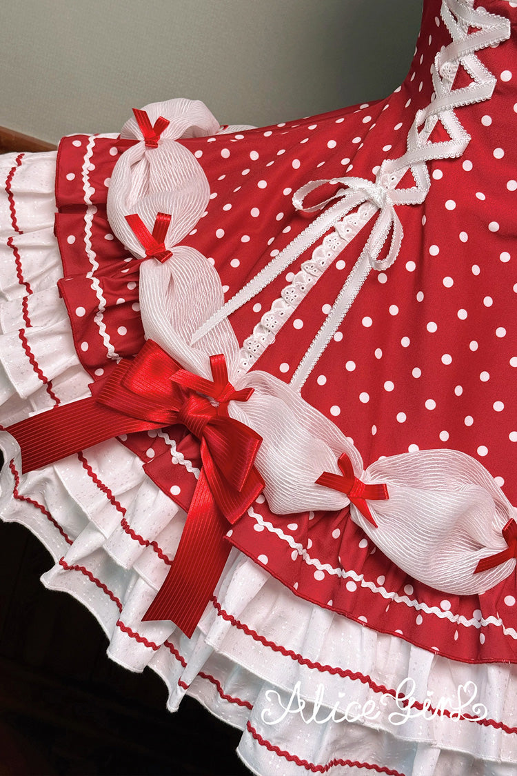 Wine Halterneck Polka-Dot Bow Lace-Up Sweet Lolita Frock
