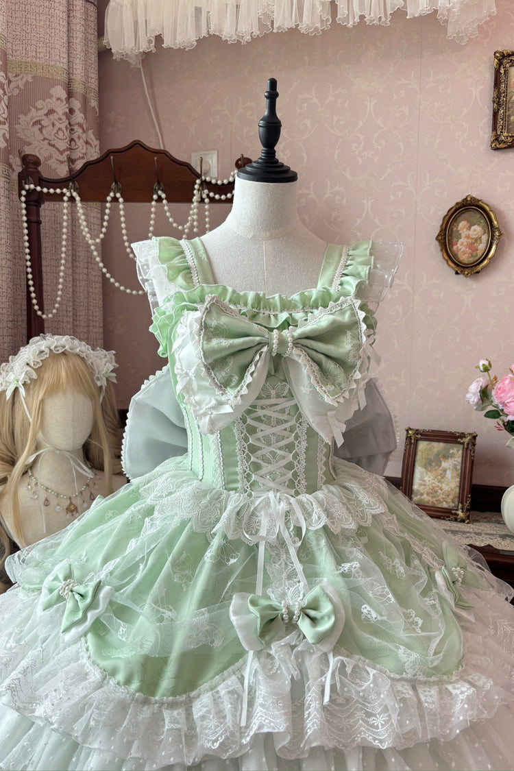 Emerald Sleeveless Triple Ruffle Embroidered Bow Pearl Lace-Up Plus Size Lolita JSK