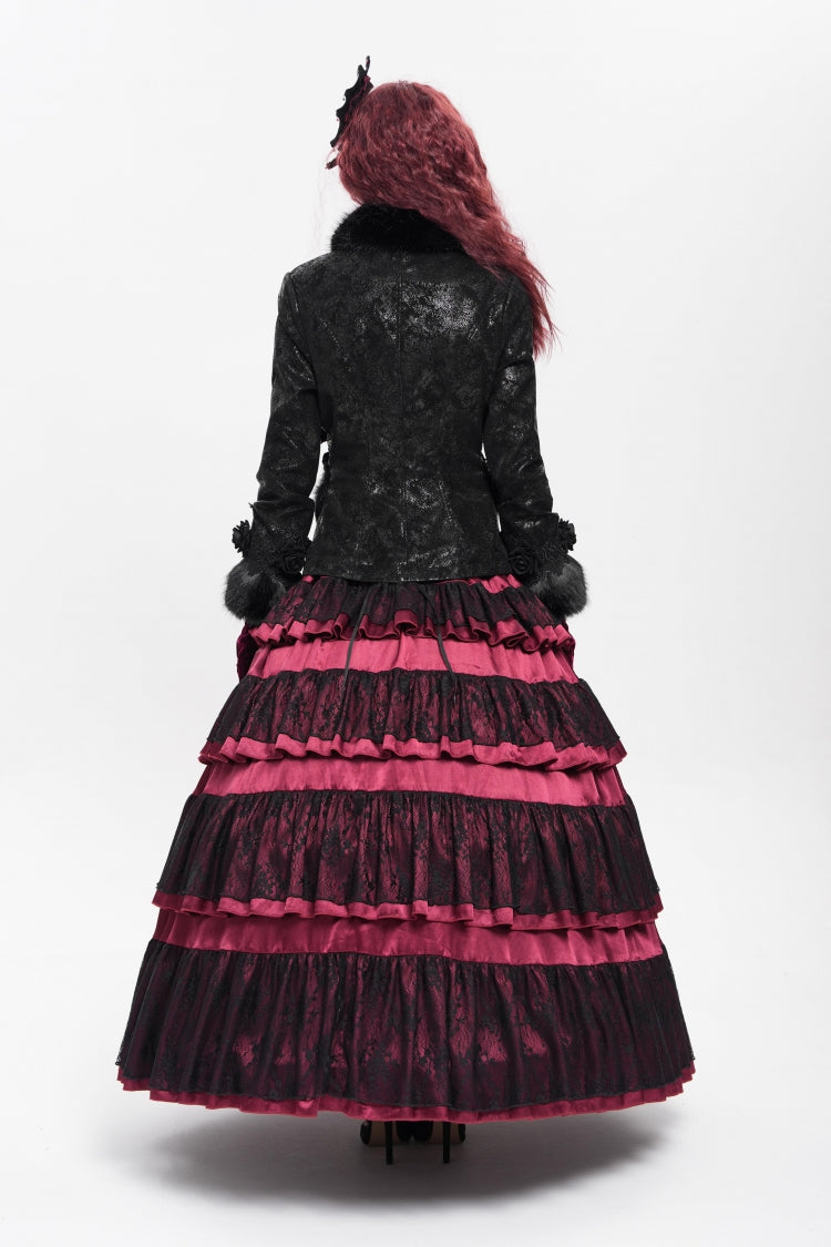 Victorian Gothic Coat with Rose Floral Embroidery and Buckle Straps, Long Sleeve