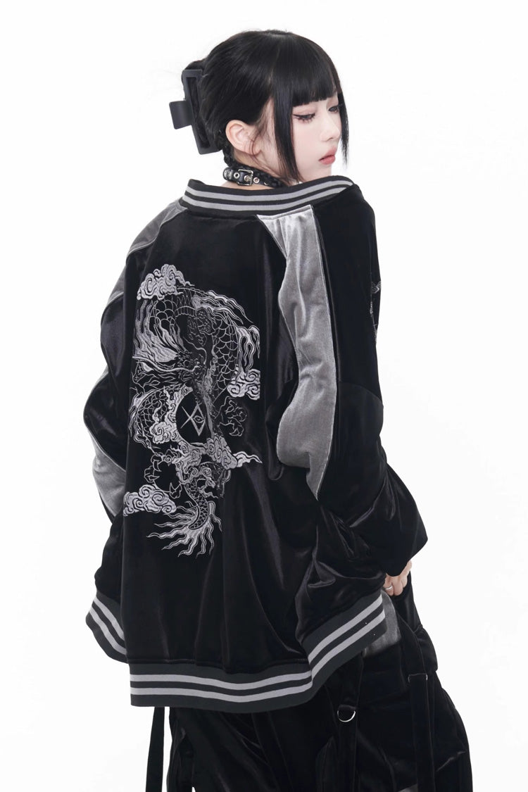 Chinese-Japanese Gothic Coat with Embroidery and Print, Long-Sleeve Jirai Kei