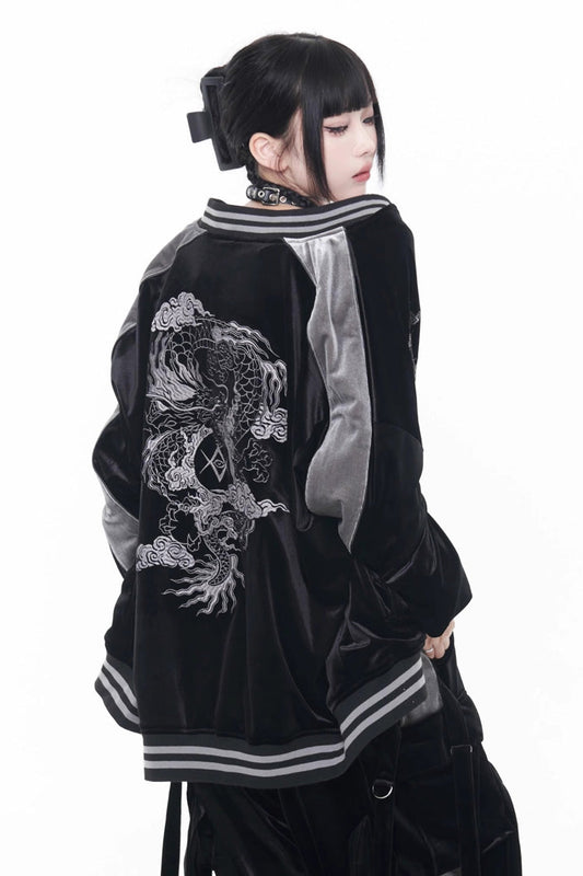 Chinese-Japanese Gothic Coat with Embroidery and Print, Long-Sleeve Jirai Kei