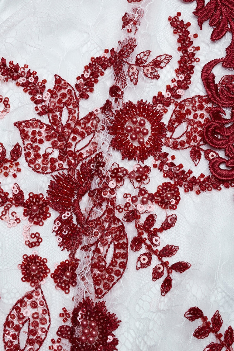 Crimson Fishtail Gown with Embroidered Lace and Slim Silhouette
