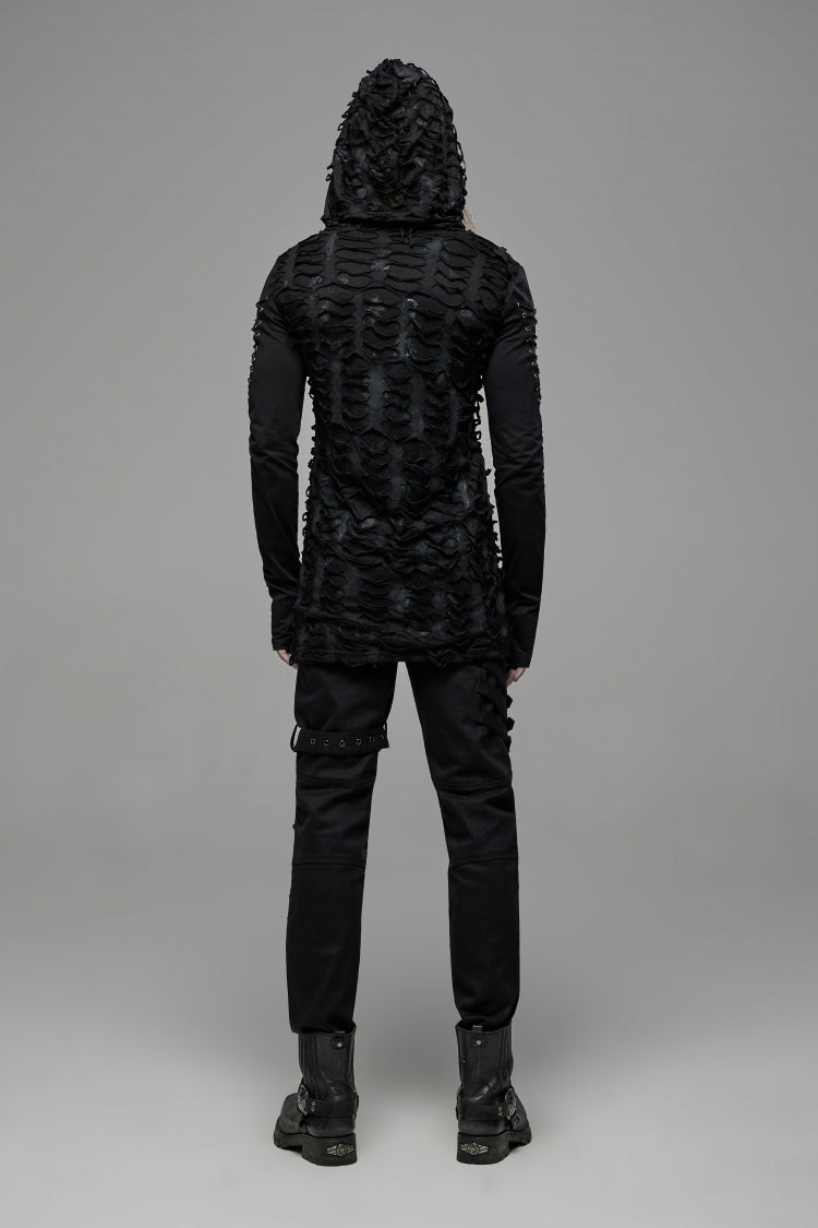 Gothic Cool Tee for Men with Lace-Up, Hood, Rips, and Pleats, Extended Sleeves