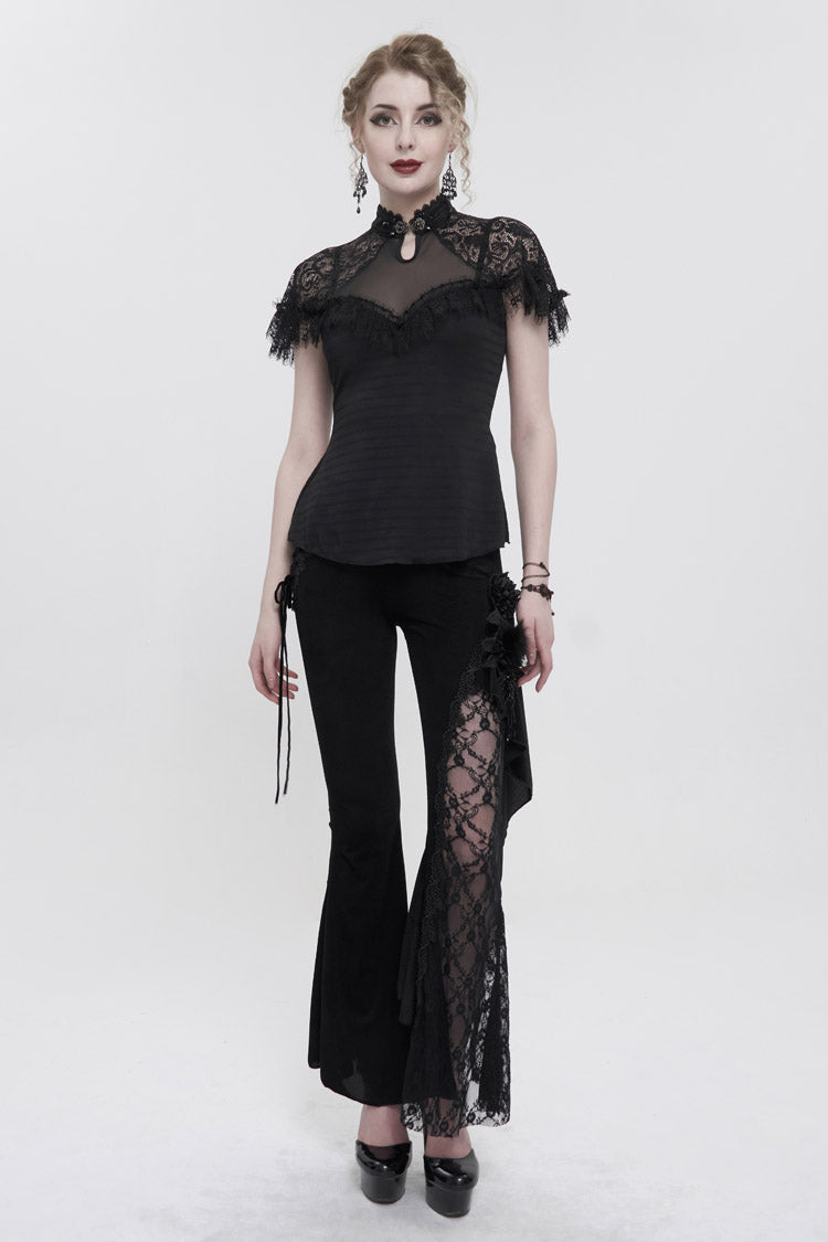 Women's Gothic Cheongsam-Style Slim T-Shirt with V-Neck and Raglan Mesh Sleeves