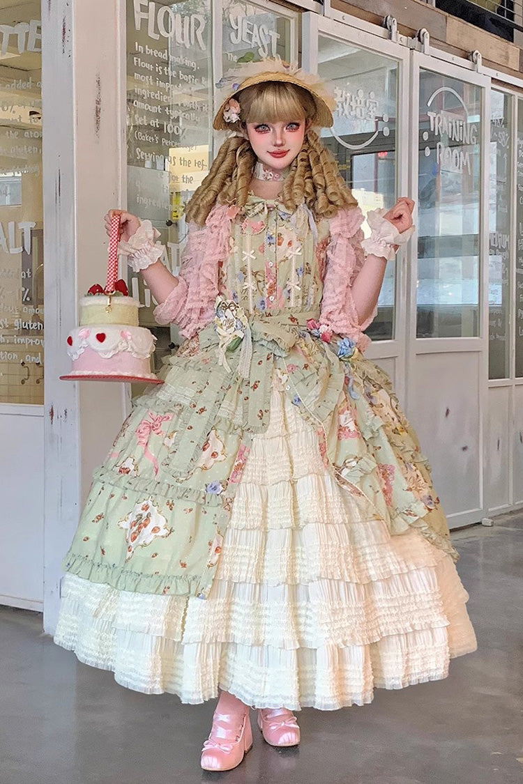 Emerald Cat Rose Tea Short Sleeve Printed Ruffle Cardigan Bow Daily Lolita Gown