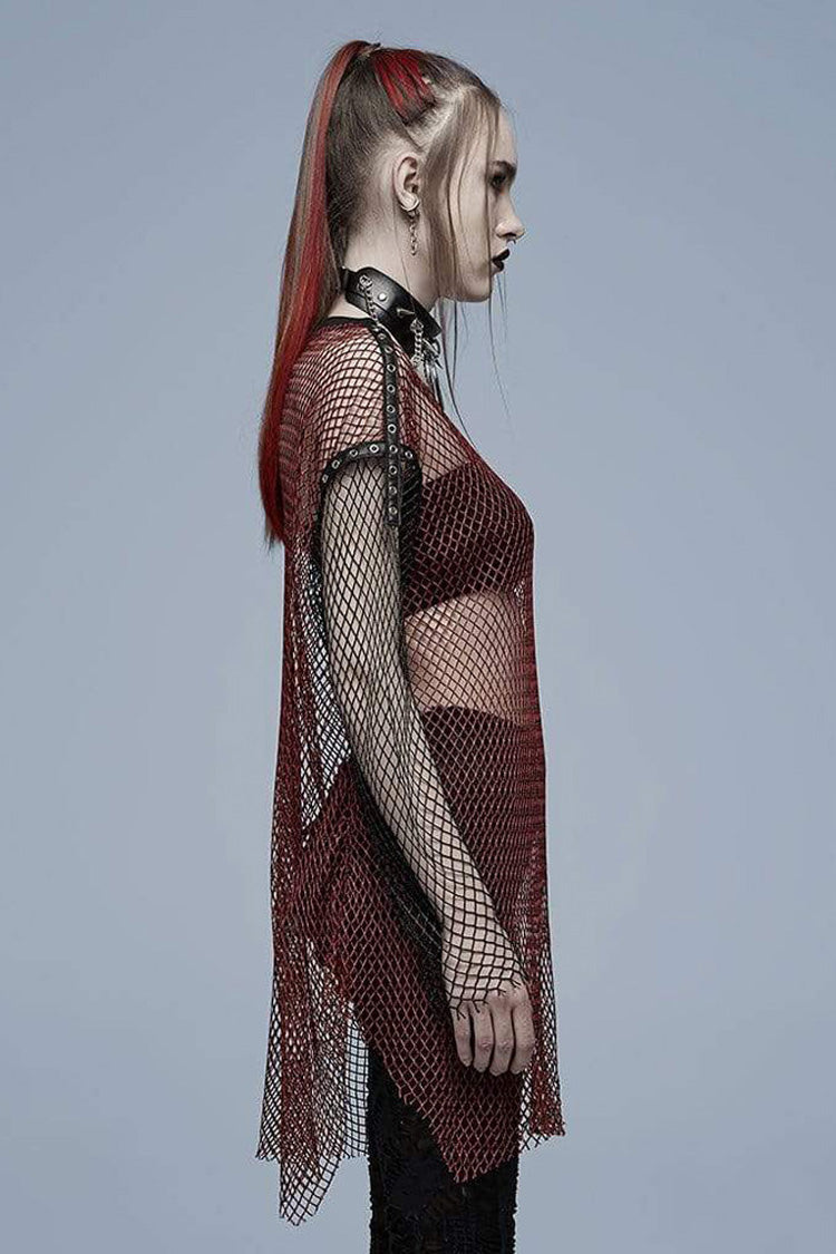 Burgundy Sheer Paneled Punk Shirt with Asymmetric Hem and Grommets