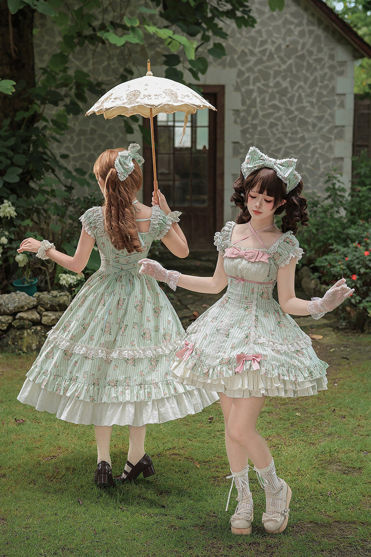 Emerald An Encounter with Austin Square Collar Short Sleeve Multi Rose Printed Ruffled Bow Lace Sweet Lolita Gown