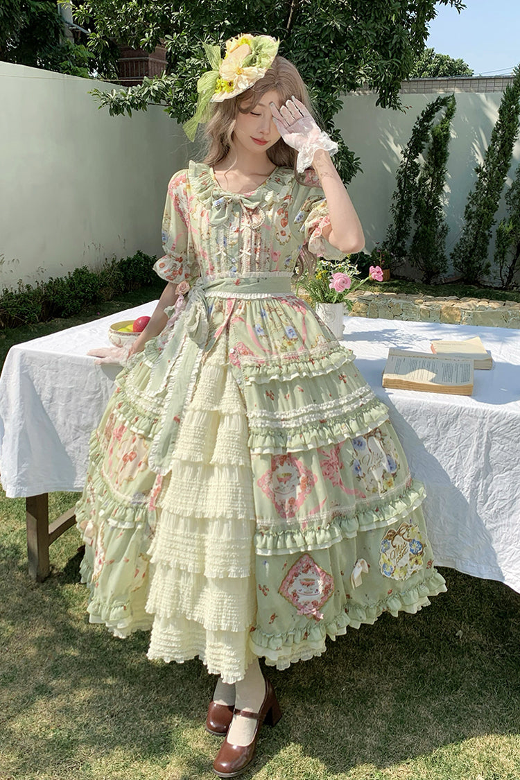 Emerald Cat Rose Tea Short Sleeve Printed Ruffle Cardigan Bow Sweet Lolita Gown