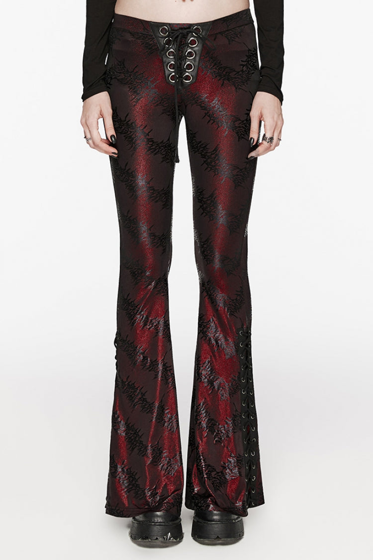 Low-Rise Thorn Print Lace-Up Steampunk Flared Trousers - 2 Tones