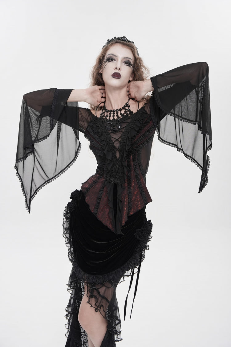 Crimson & Noir Off-Shoulder Long Bell Sleeve Ruffled Embroidered Lace-Up Gothic Blouse