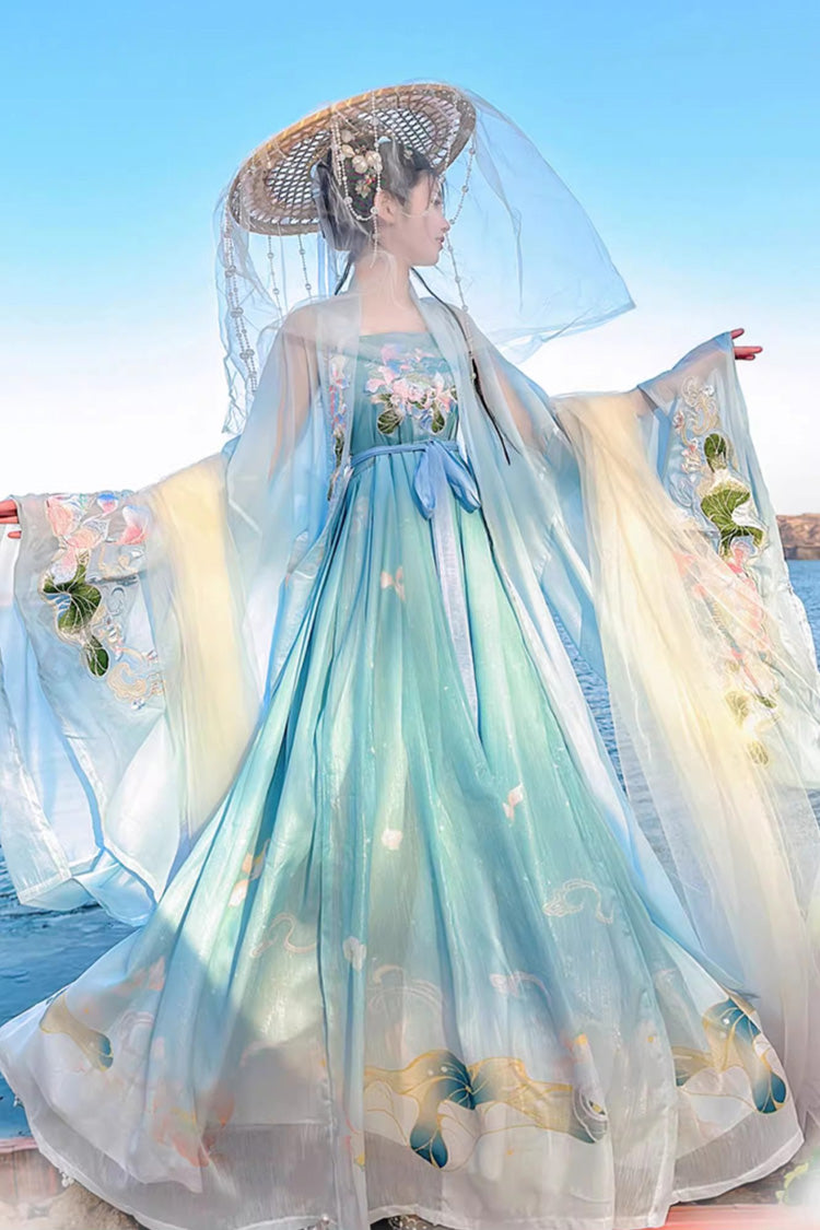 Azure Tang Dynasty Long Flared Sleeves Embroidered Hanfu Gown