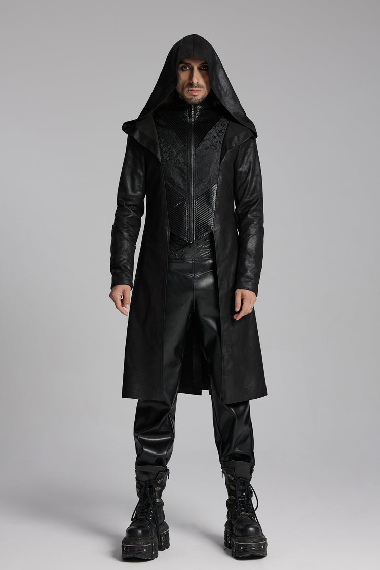 Gothic Hooded Jacket with Zip and Pleats for Men - Noir