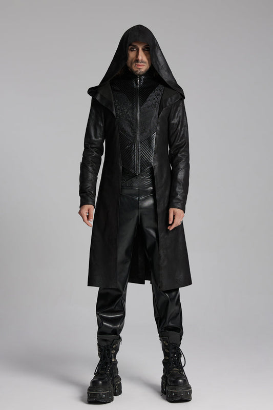 Gothic Hooded Jacket with Zip and Pleats for Men - Noir