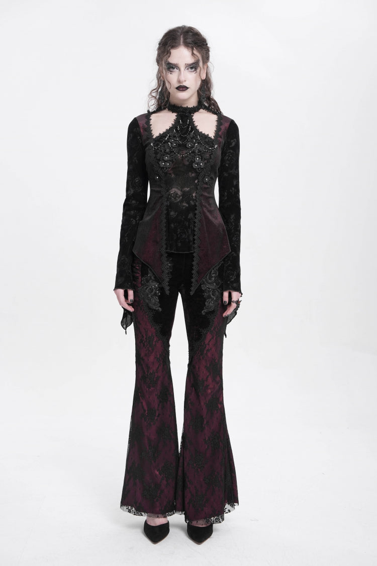 Crimson Gothic Blouse with Jacquard Cutout and Trumpet Sleeves