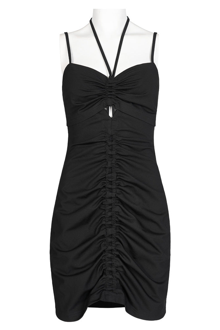 Punk Dress with Knitted Stretch Hollow Design Drawstring and Halter Neck