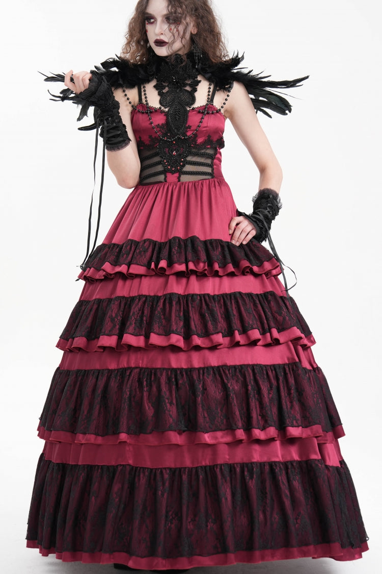 Crimson Gothic Dress with Multi-Tiered Ruffles and Lace-Up Mesh