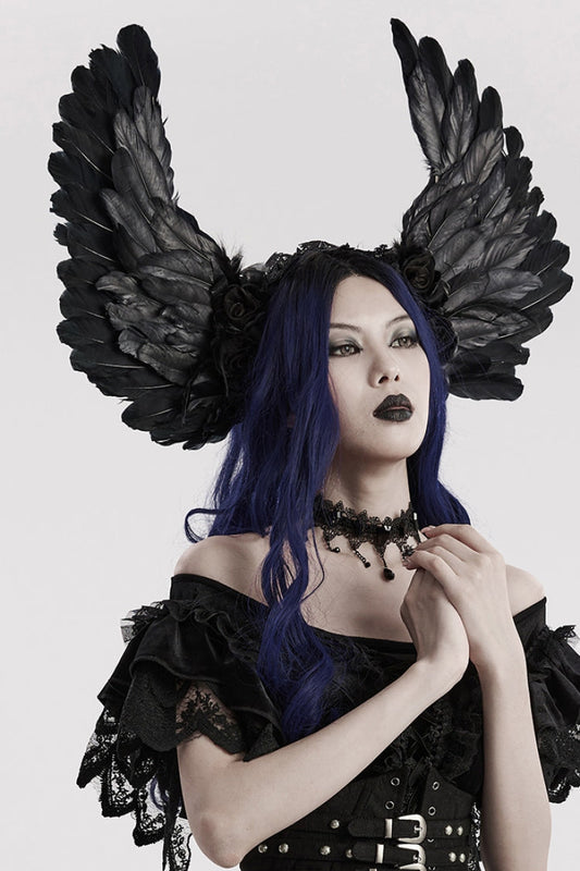 Gothic Headwear with Faux Feather Wings and Lace Accents