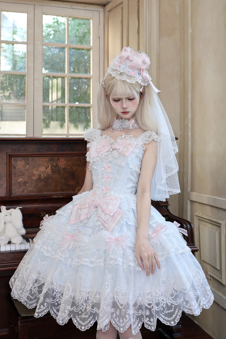 Square Collar Flutter Sleeves Jacquard Ruffled Bow Princess JSK - Bunny Dream Letter