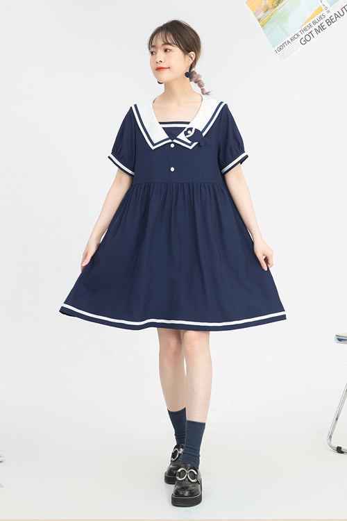 Vintage Navy Collar High-Waisted Sweet Lolita Short Sleeve Dress