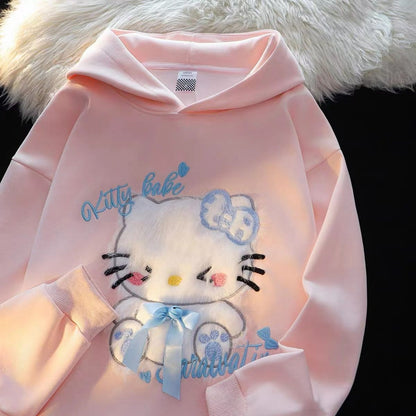 Pull à capuche avec petites oreilles brodées et motif chat KI589