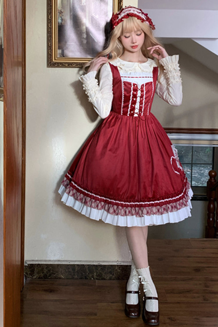 Burgundy Little Red Riding Hood Ruffle Bow Sweet Lolita Jumper Dress