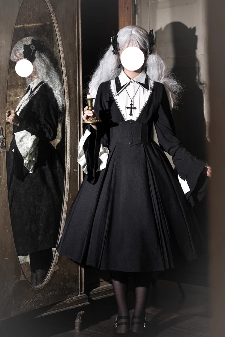 Plus Size Gothic Lolita Strap Dress Set with Nun Salute Cross and Ruffled Long Sleeves
