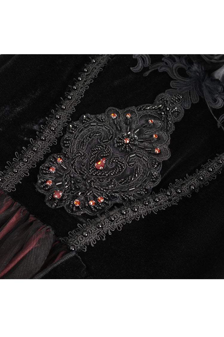 Crimson Gothic Dress with High Waist and Floral Lace Print